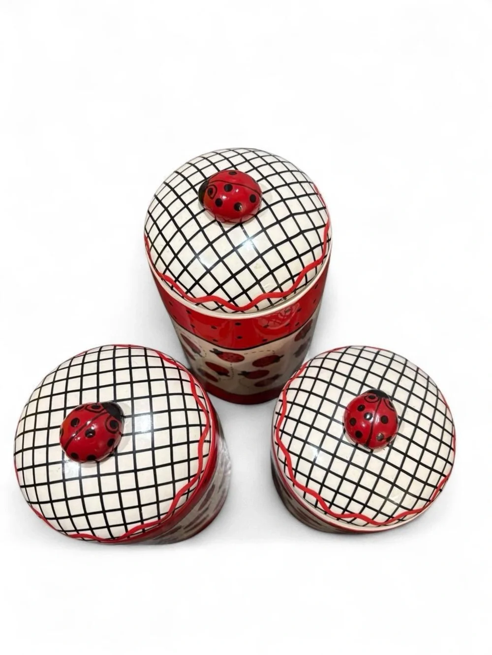 Vintage Ladybug Kitchen Canisters Set 3 Pc Ceramic Storage Jars Cottagecore